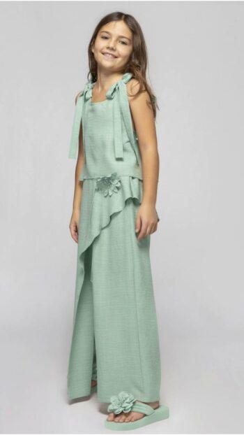 Σετ μέντα χρώμα τοπ με λουλούδια στην πλατύ και παντελόνι με άνοιγμα και ενσωματωμένο σορτς - Image 4