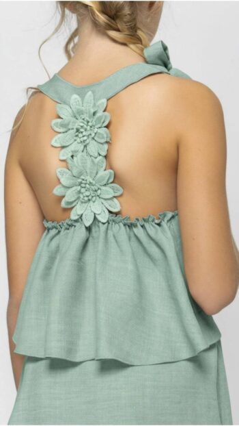 Σετ μέντα χρώμα τοπ με λουλούδια στην πλατύ και παντελόνι με άνοιγμα και ενσωματωμένο σορτς - Image 3