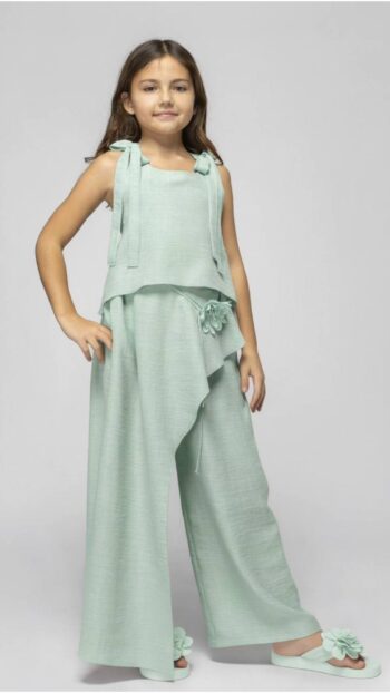 Σετ μέντα χρώμα τοπ με λουλούδια στην πλατύ και παντελόνι με άνοιγμα και ενσωματωμένο σορτς - Image 5