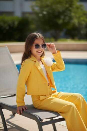 Κοστούμι Σακάκι κοντό και παντελόνι λεμονί χρώμα - Image 2