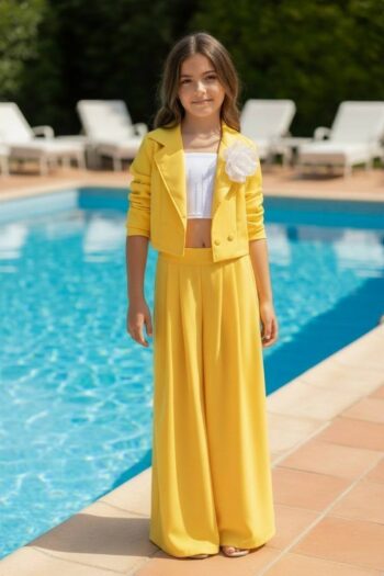 Κοστούμι Σακάκι κοντό και παντελόνι λεμονί χρώμα - Image 1