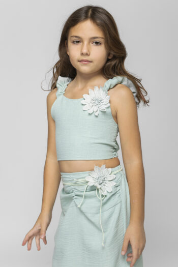 Σετ μέντα χρώμα τοπ με λουλούδι και φούστα - Image 2