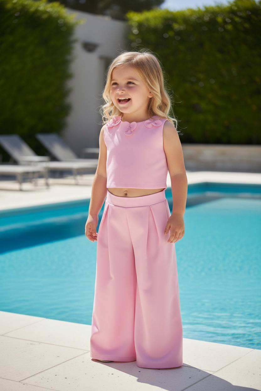 Σετ τοπ με 3D λουλούδια ανοιχτή πλάτη με παντελόνι