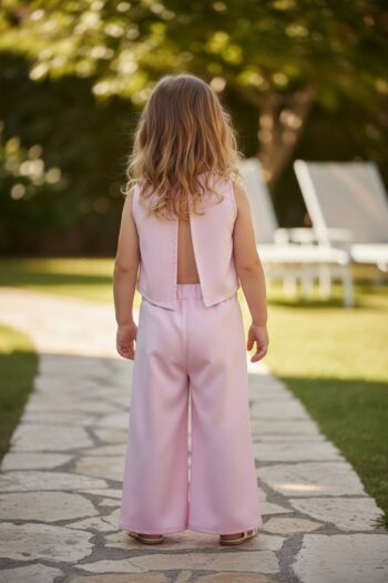 Σετ τοπ με 3D λουλούδια ανοιχτή πλάτη με παντελόνι - Image 2