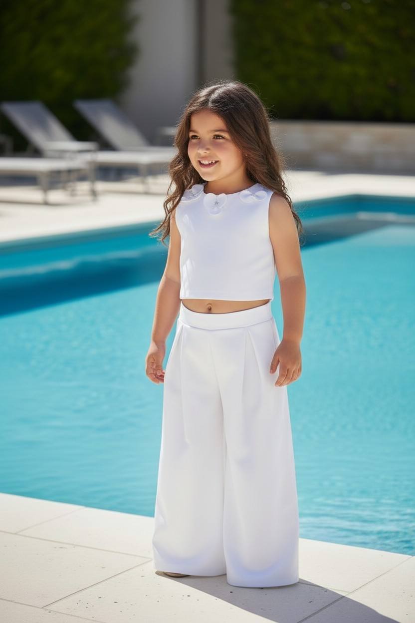 Σετ λευκο τοπ με 3D λουλούδια ανοιχτή πλάτη με παντελόνι