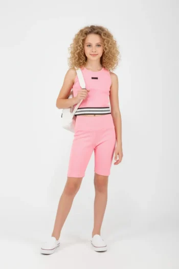 Ριπ Σετ ποδηλατικό κολάν με crop top workout σε ροζ χρώμα - Image 2